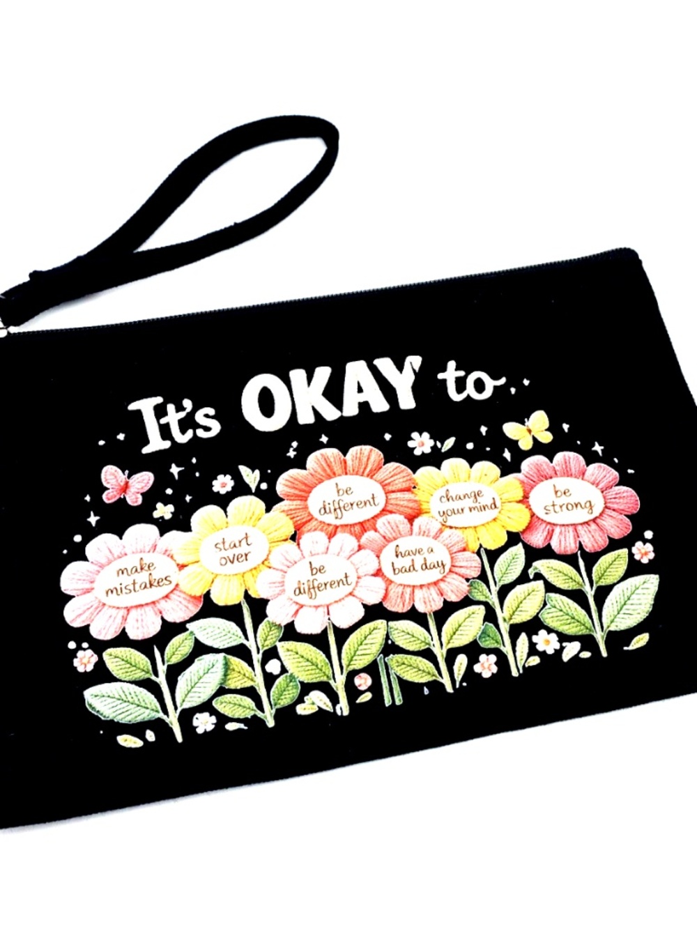 Make up Pouch Bag Canvas Black Zipper Its okay Wristlet Flowers Floral